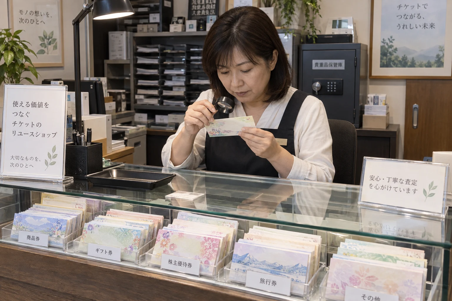 金券ショップの仕事と開業準備を表す人物入りの架空イメージ(AI生成)
