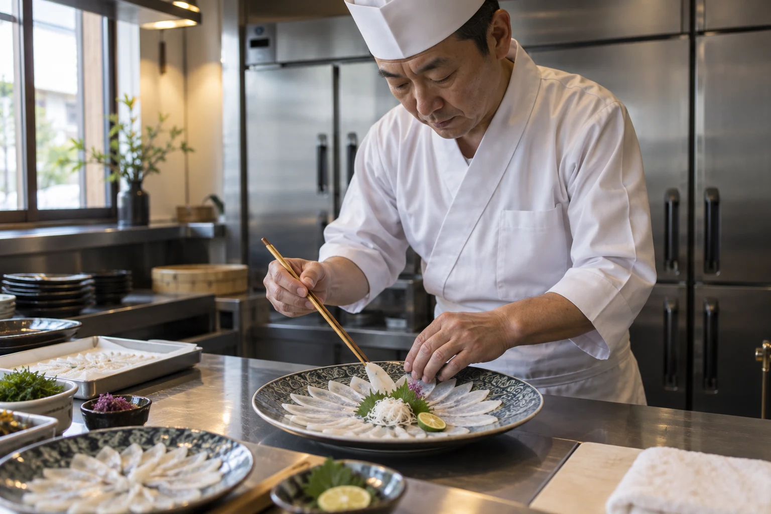 とらふぐ料理専門店の仕事と開業準備を表す人物入りの架空イメージ(AI生成)