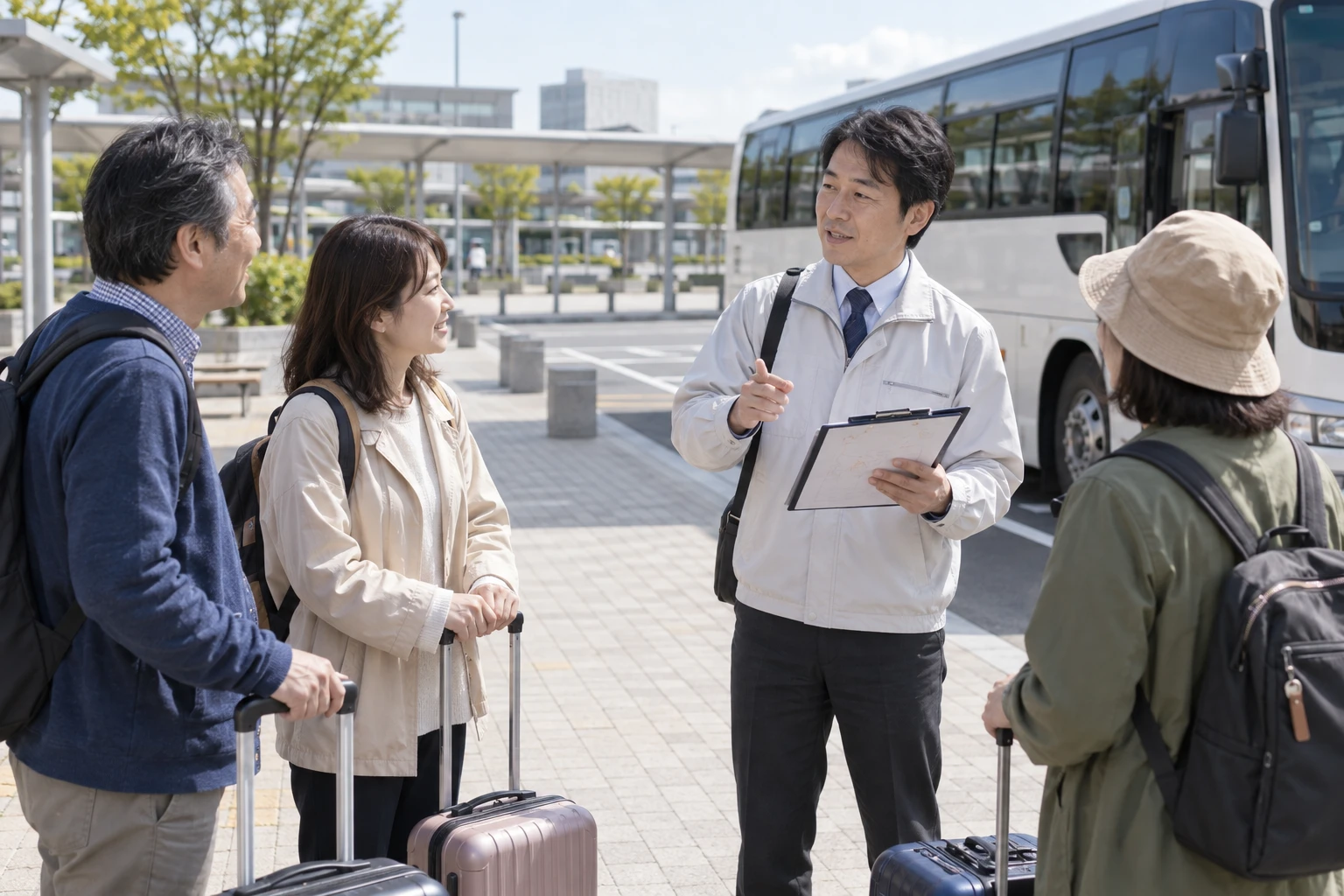 ツアーコンダクターの仕事と開業準備を表す人物入りの架空イメージ(AI生成)
