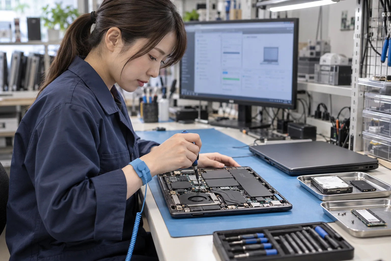 中古パソコンショップの仕事と開業準備を表す人物入りの架空イメージ(AI生成)