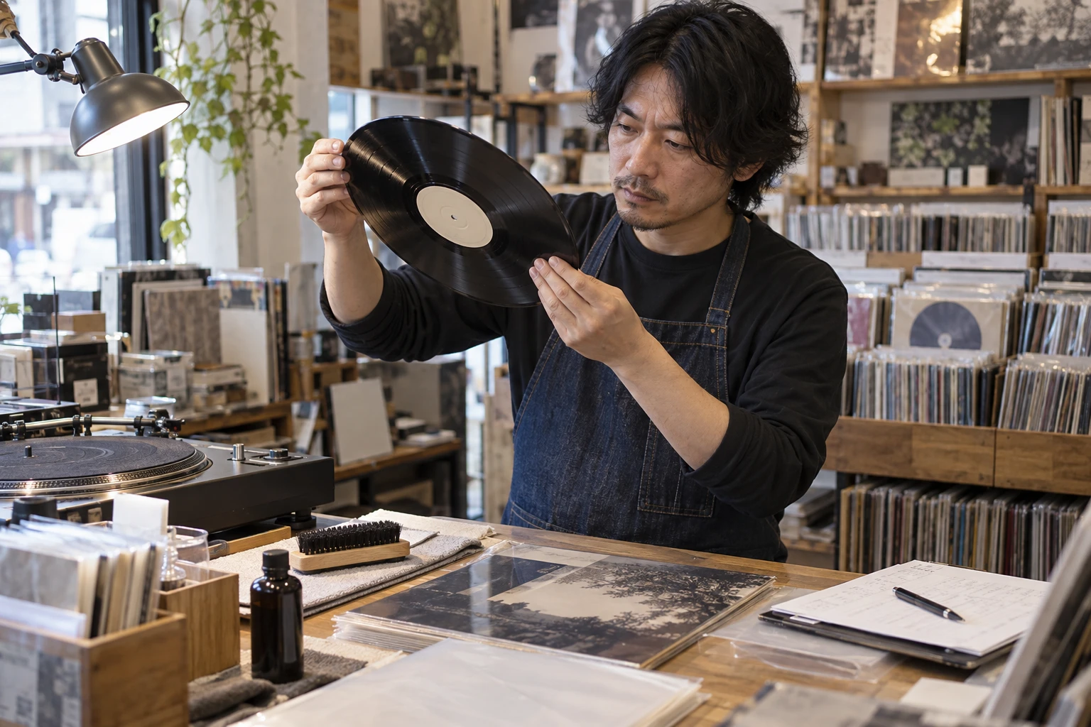 中古レコードショップの仕事と開業準備を表す人物入りの架空イメージ(AI生成)