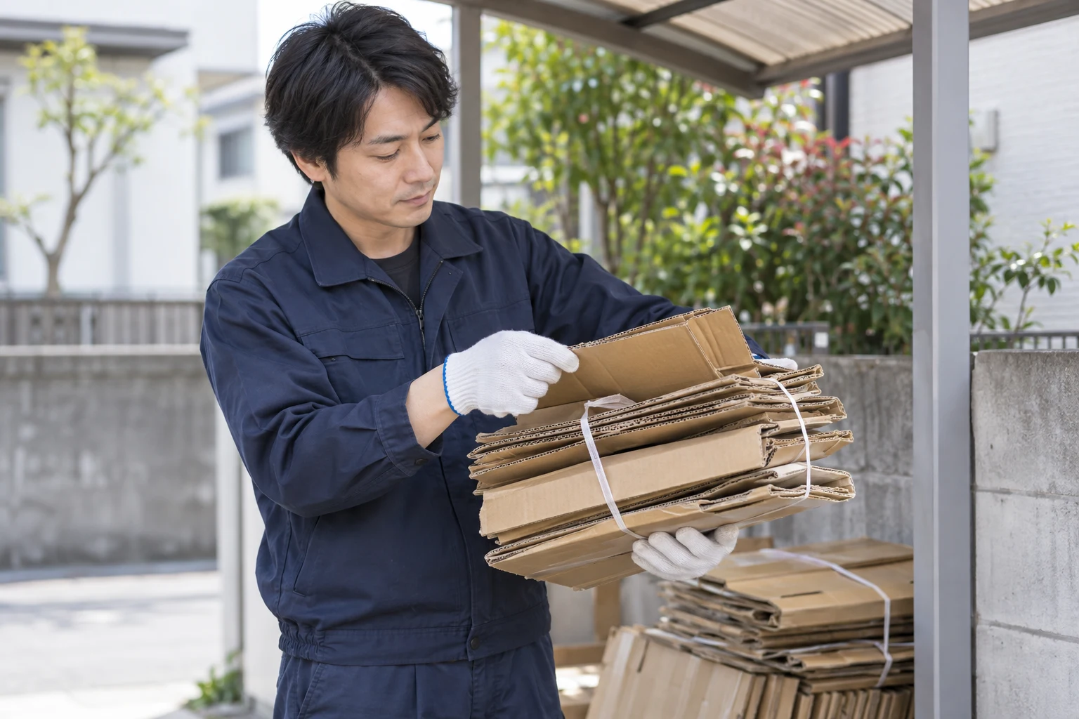 回収前に古紙の品質を確認する事業主の架空イメージ(AI生成)