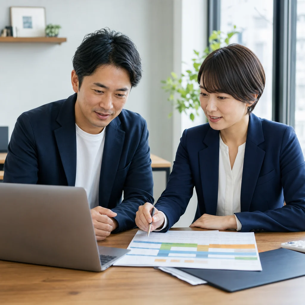 13週資金繰り表をパソコンと資料で確認する愛知県の創業者と専門家