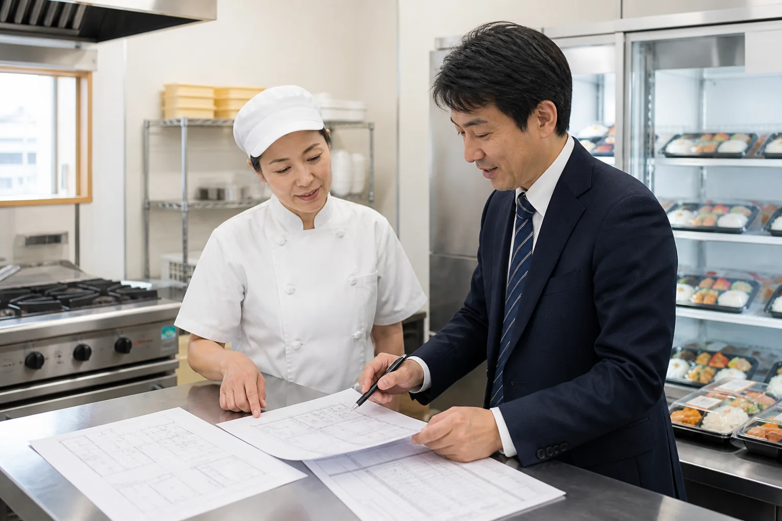 愛知県の弁当惣菜店で開業者と相談担当者が厨房図面と製造資金を確認する場面