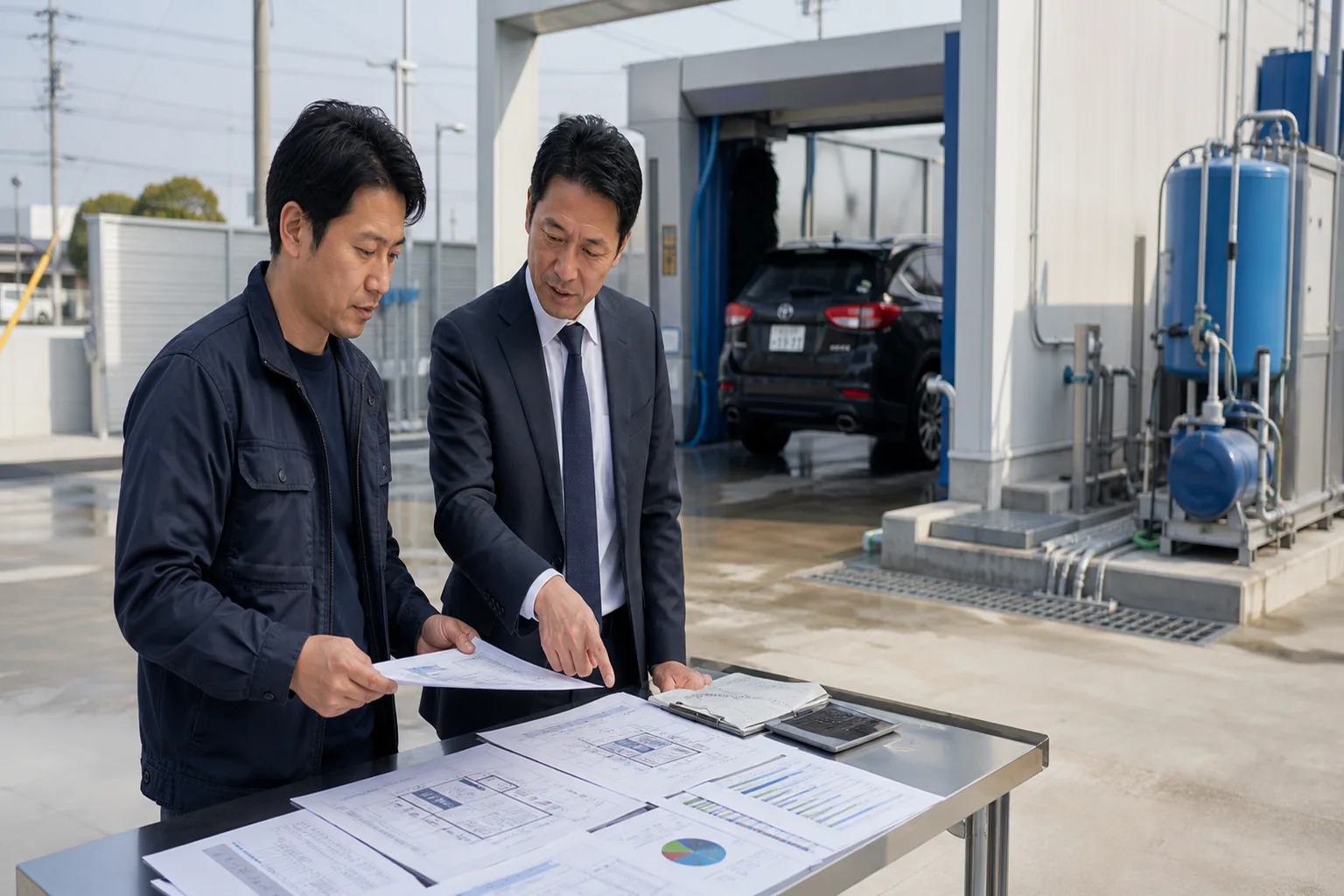愛知県で洗車場を開業する経営者が洗車設備と排水計画を相談する場面