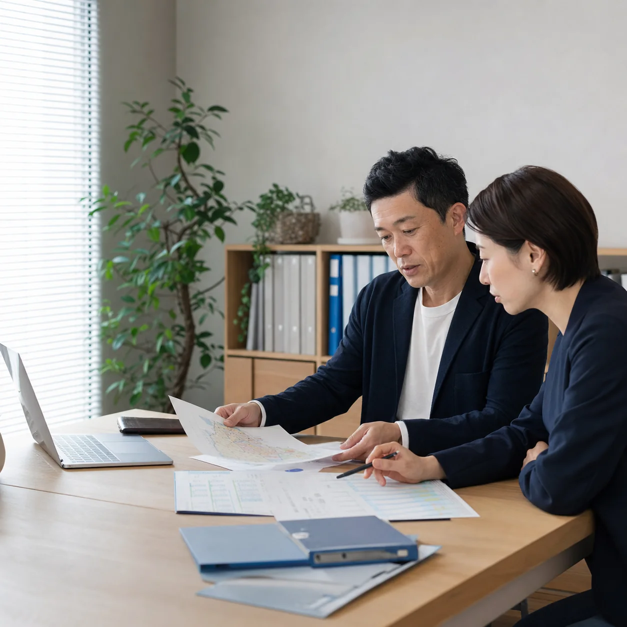 介護事業の開業工程と月別資金繰りを確認する場面