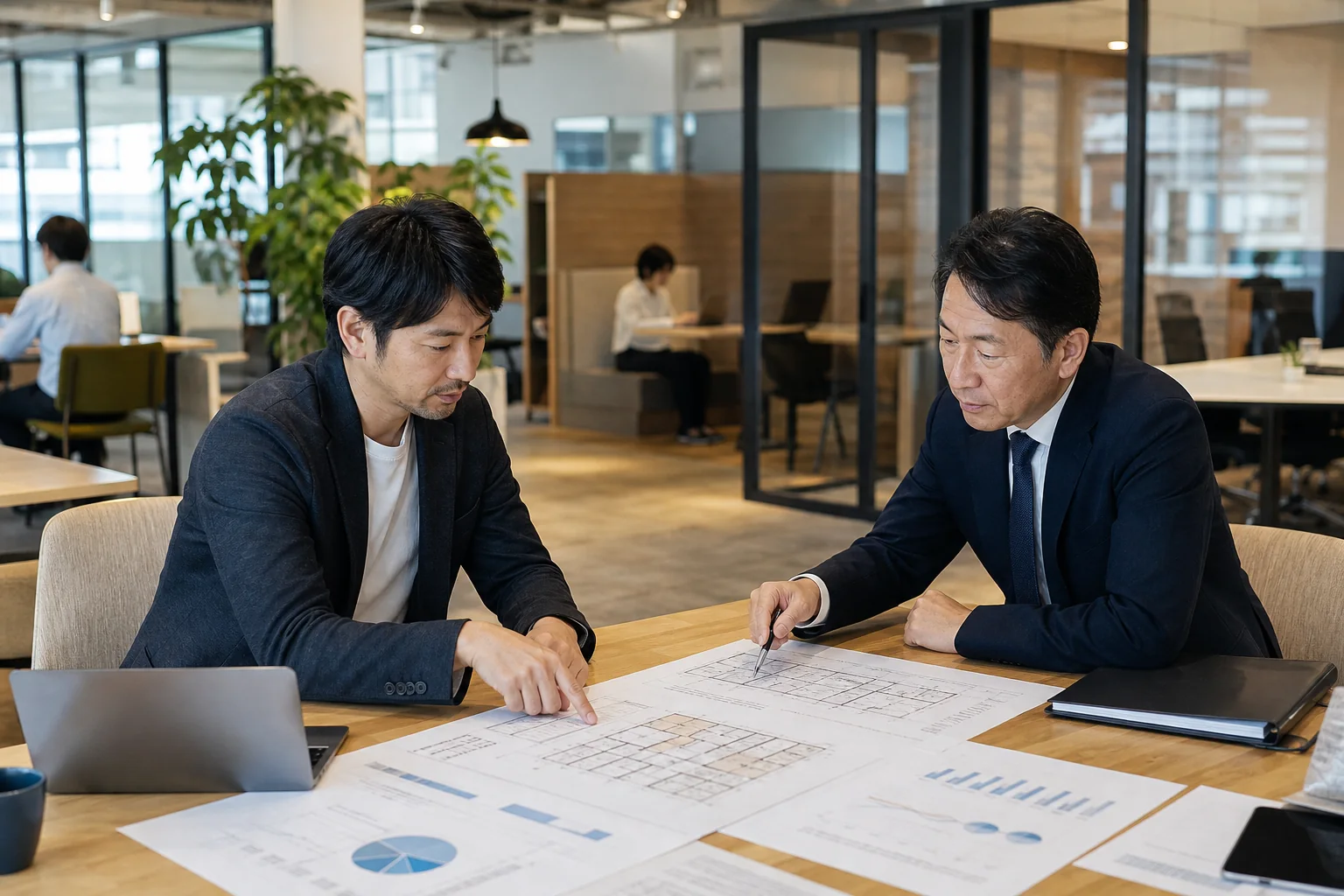 愛知県のコワーキングスペースで開業者と相談担当者が図面と会員計画を確認する場面
