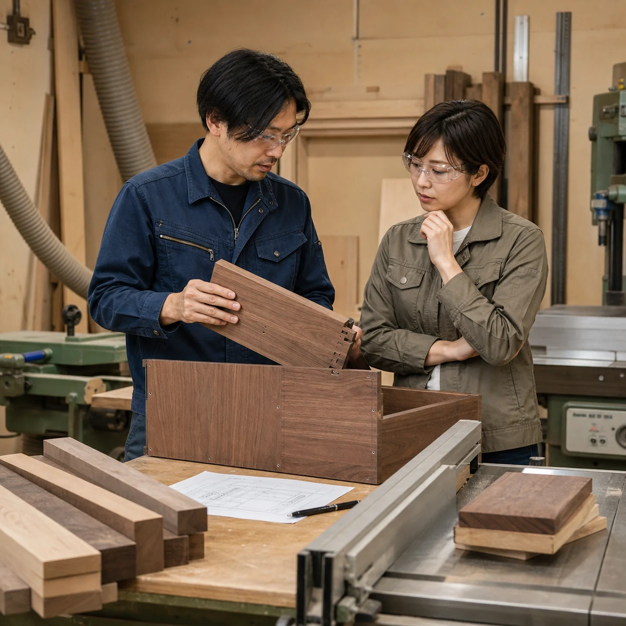 オーダー家具の木工工房で設計承認と製作時間を確認する場面