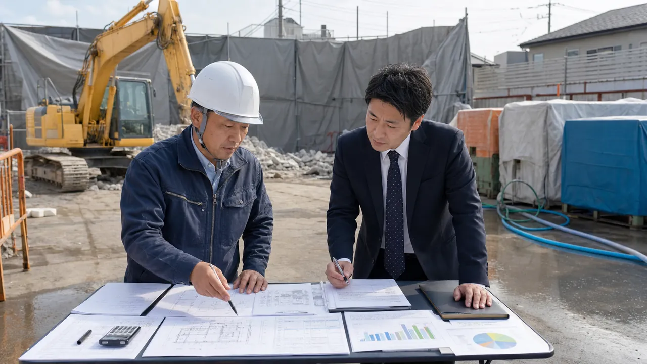 愛知県の解体工事現場で経営者と相談担当者が登録、施工計画、重機見積、分別と資金計画を確認する場面