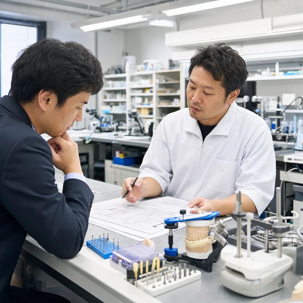 歯科技工所で歯科技工士と経営相談担当者が作業台・設備見積り・資金計画を確認する場面