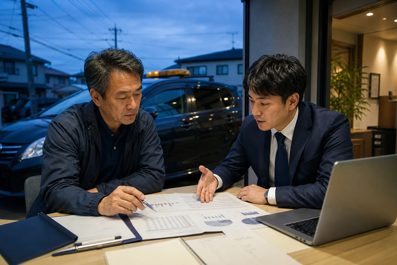 愛知県で運転代行業を開業する経営者が随伴車と夜間運行の資金計画を相談する場面