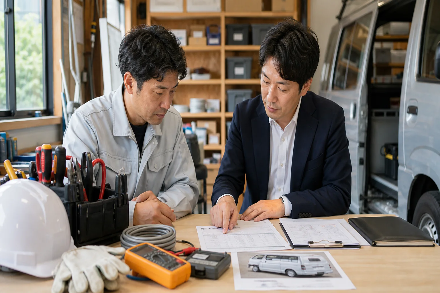 愛知県の電気工事業者が工具と作業車の見積りを相談する場面