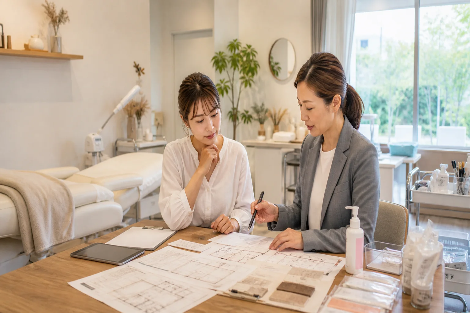 愛知県でまつげサロンを開業する美容師が設備と予約計画を相談する場面