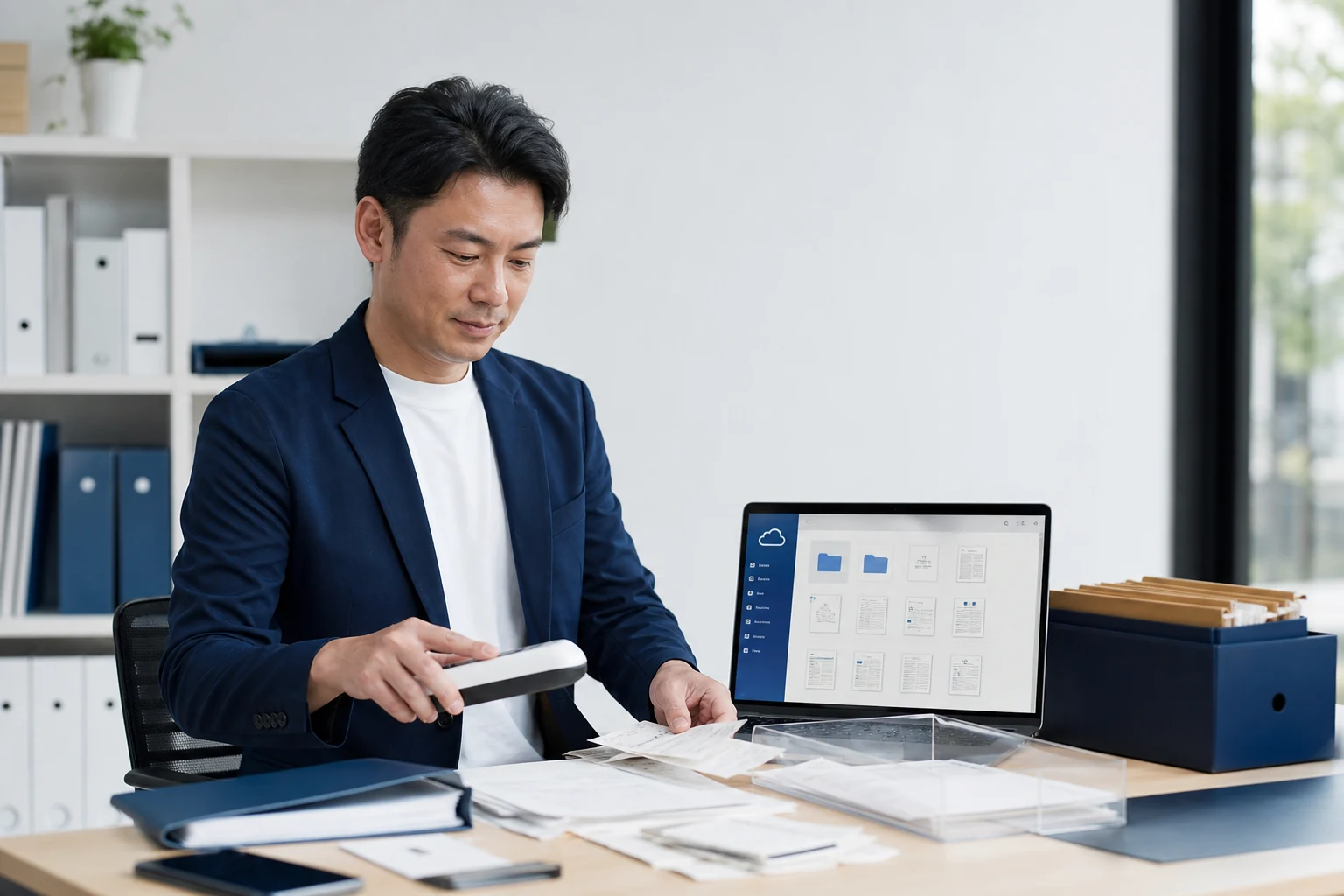 次回融資に備えて紙と電子の資料を整理する創業者