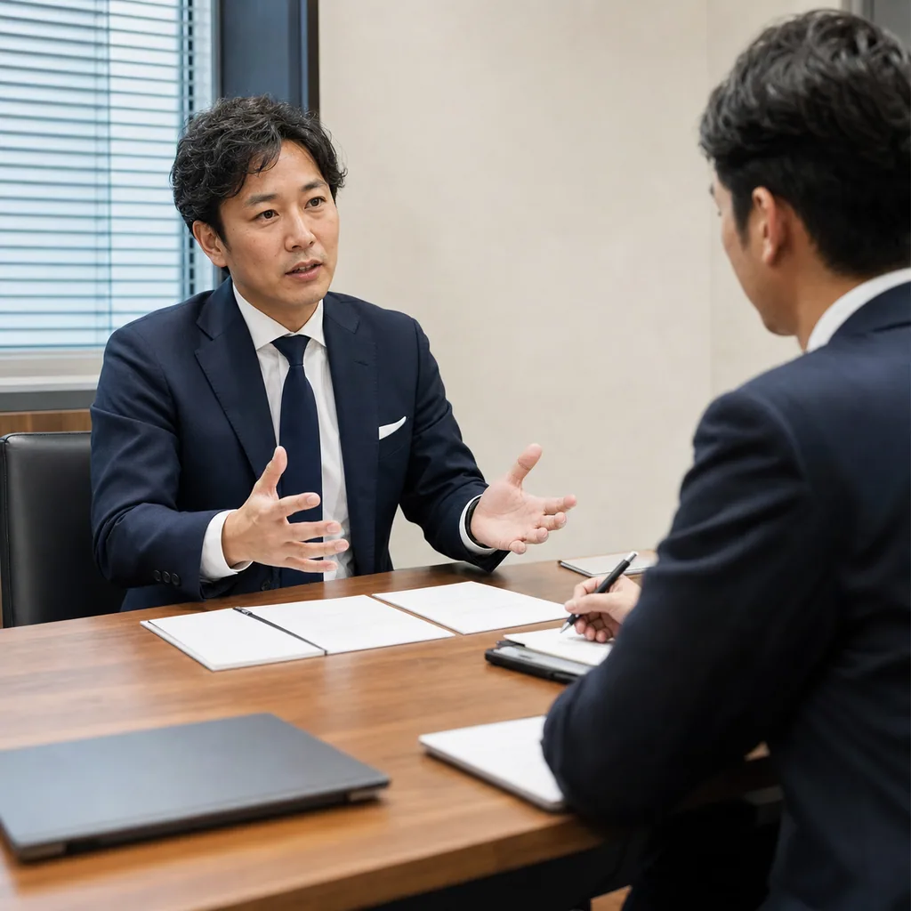 創業融資の自己申請に向けて面談説明を練習する場面