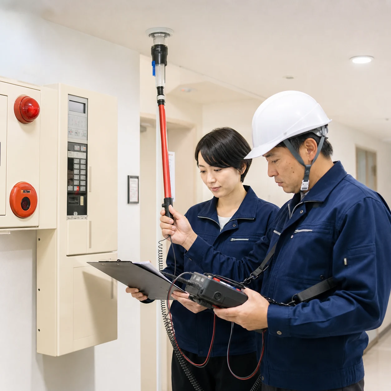 消防設備点検の現場で測定器と点検結果を確認する場面