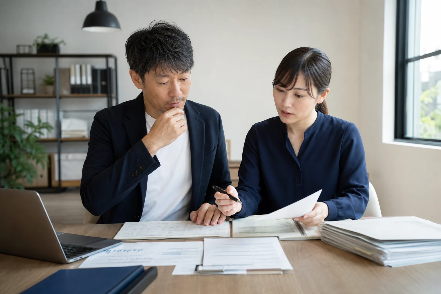創業1期目の決算前チェック資料を確認する経営者と専門家