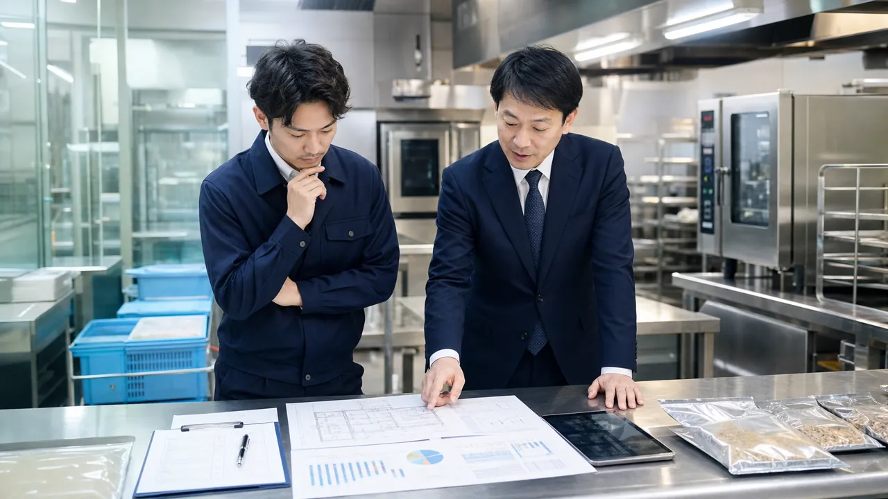 愛知県の食品工場で経営者と相談担当者が営業許可、施設図面、生産設備と資金計画を確認する場面