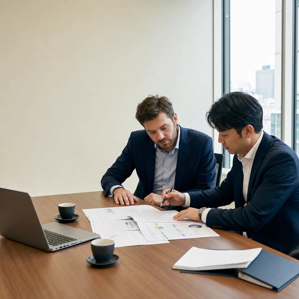 外国人起業家が在留資格と融資の工程表を専門家と確認する場面