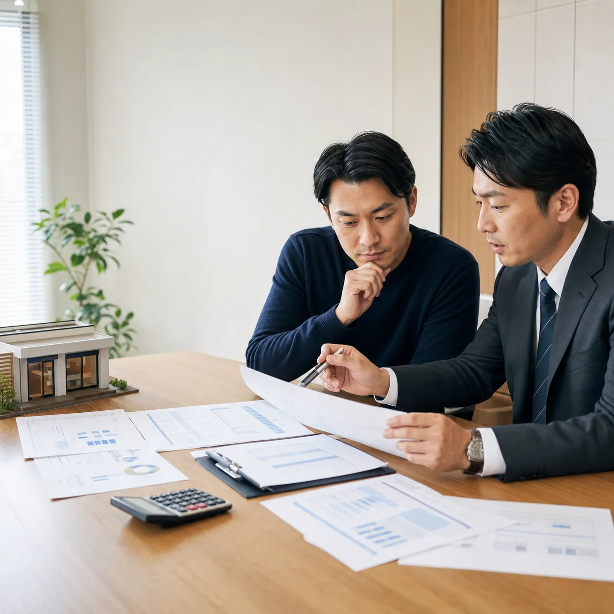 フランチャイズ契約資料と収支モデルを比較する場面