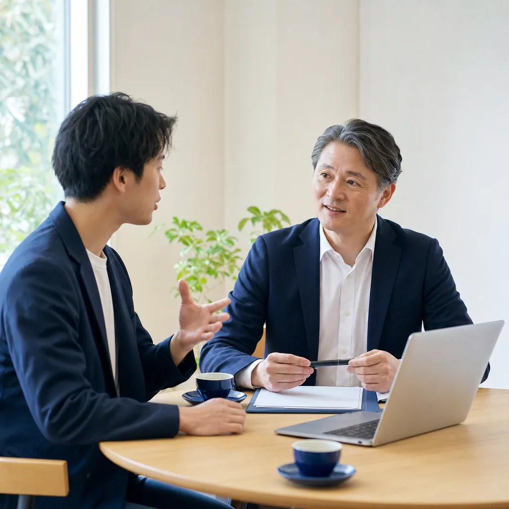 着手金なしの創業融資支援について相談する場面