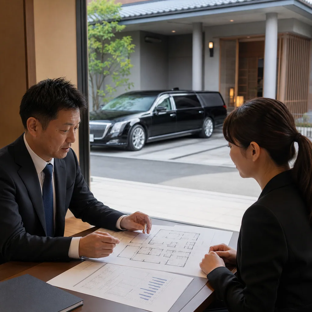 小規模な葬儀会館で経営者と相談担当者が会館図面・搬送体制・開業資金を確認する場面