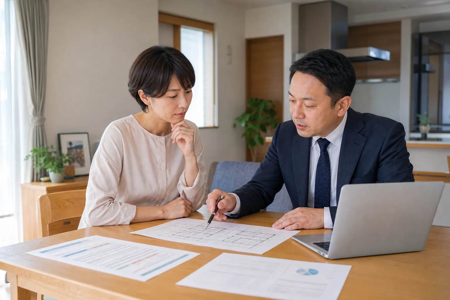 自宅の間取りと事業利用部分を確認する相談場面