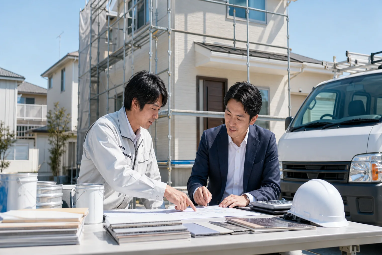愛知県の外壁塗装業者が足場と塗料の見積りを相談する場面