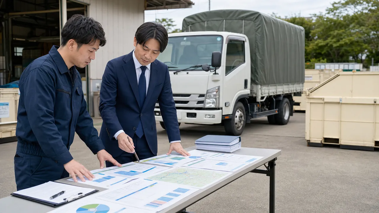 愛知県の産業廃棄物収集運搬業で経営者と相談担当者が許可品目、車両、運行ルートと資金計画を確認する場面