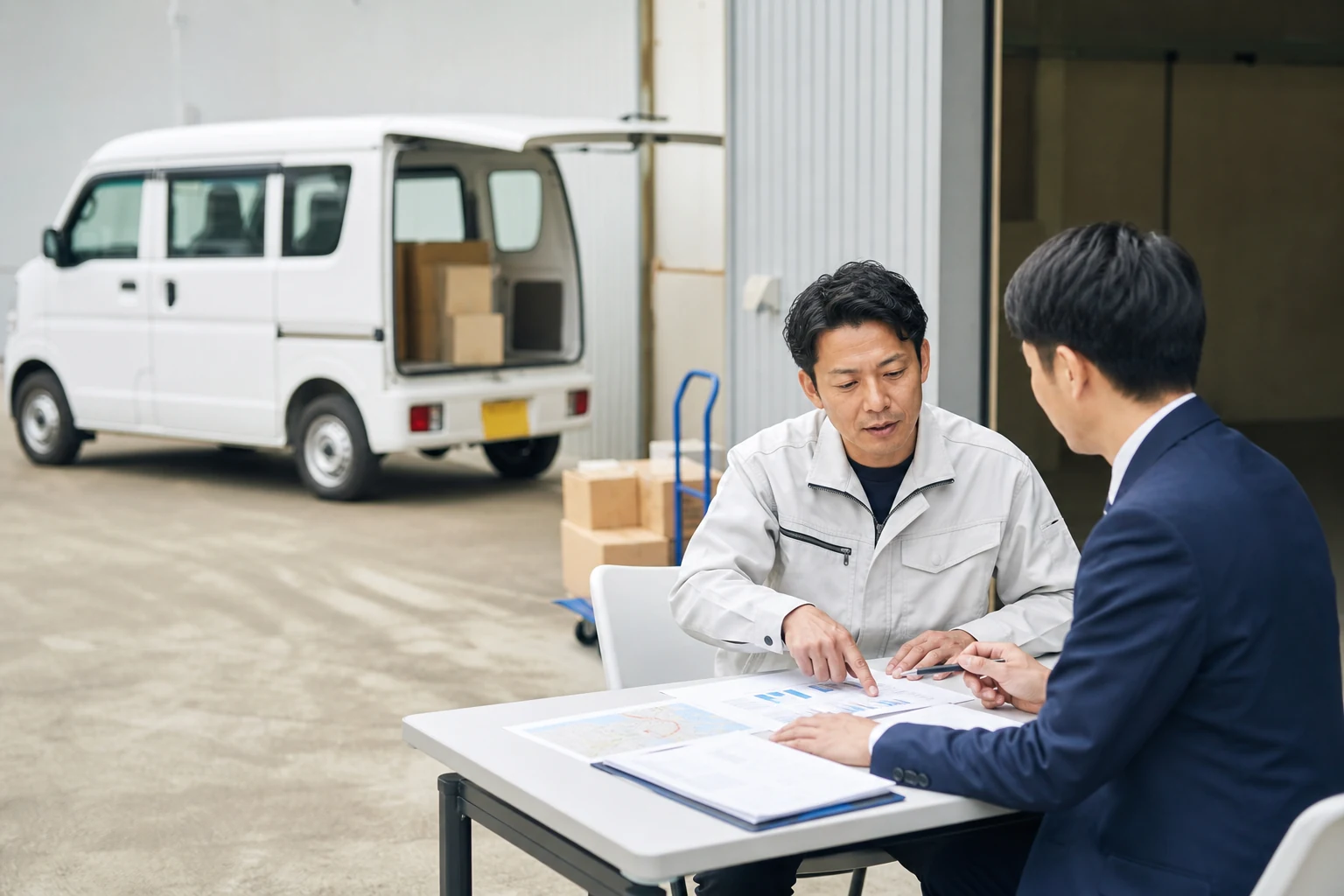 愛知県で軽貨物運送業を始める事業者が軽バンと資金計画を相談する場面