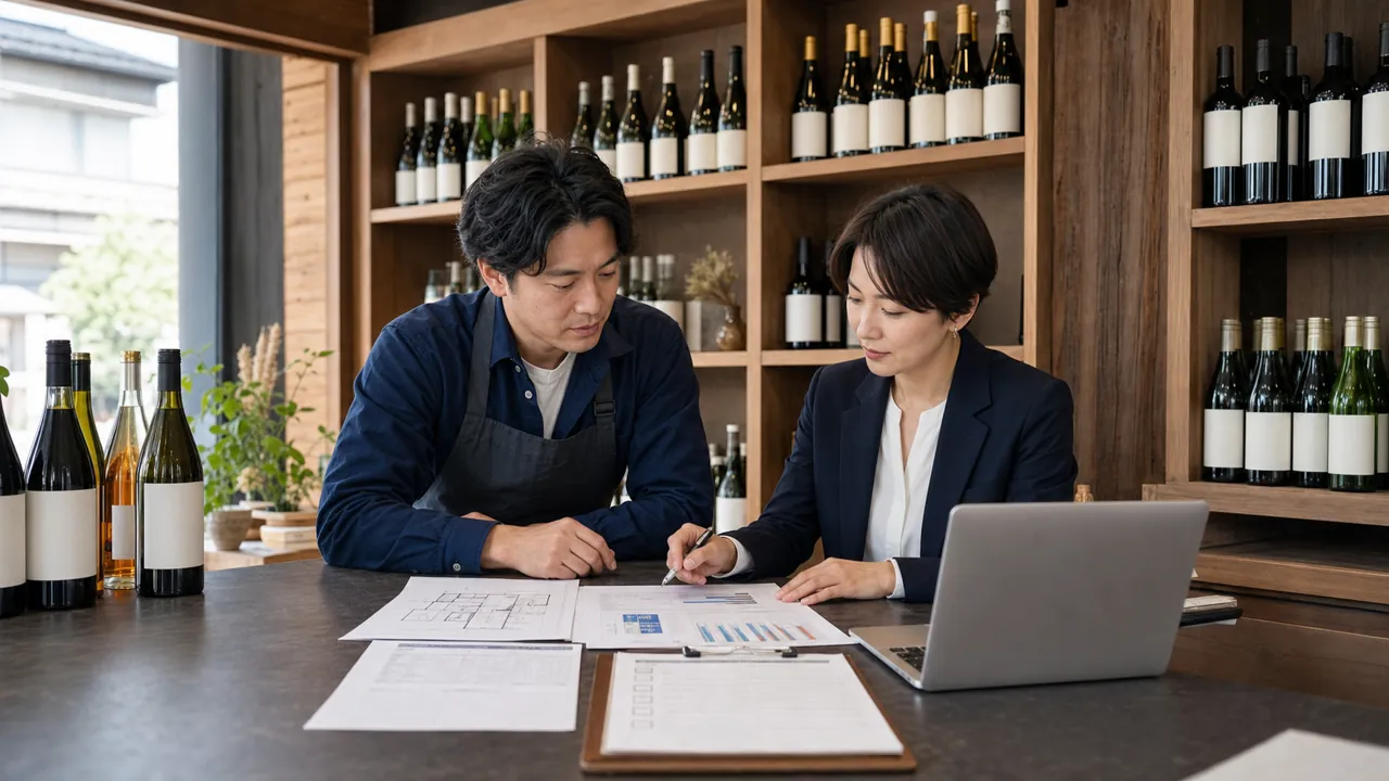 愛知県の酒販店で経営者と相談担当者が酒類販売業免許、店舗図面、在庫回転と資金計画を確認する場面