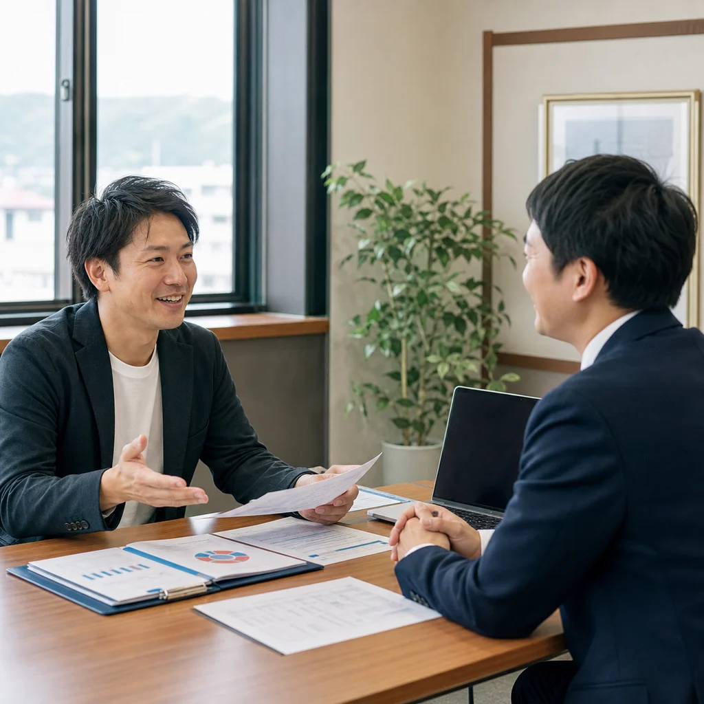 公庫融資後の月次資料を地域金融機関の担当者へ説明する愛知県の経営者