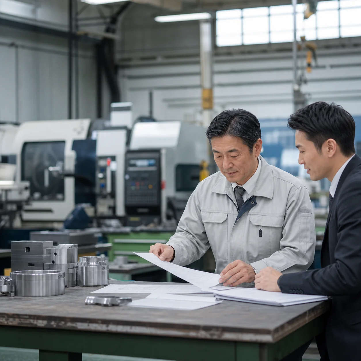 製造設備の仕様と受注計画を工場内で確認する場面