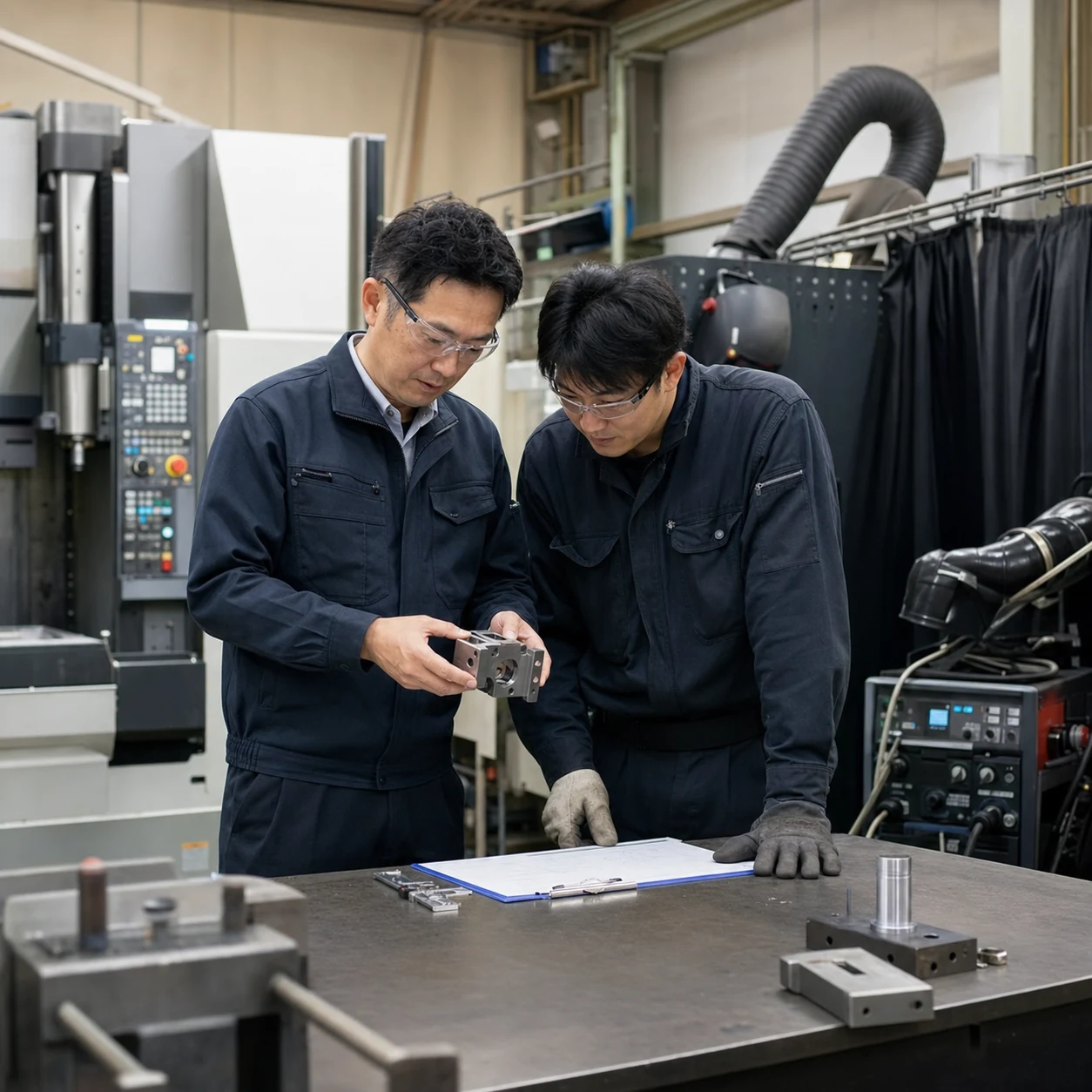金属加工・溶接工場で加工機械と検査工程を確認する場面