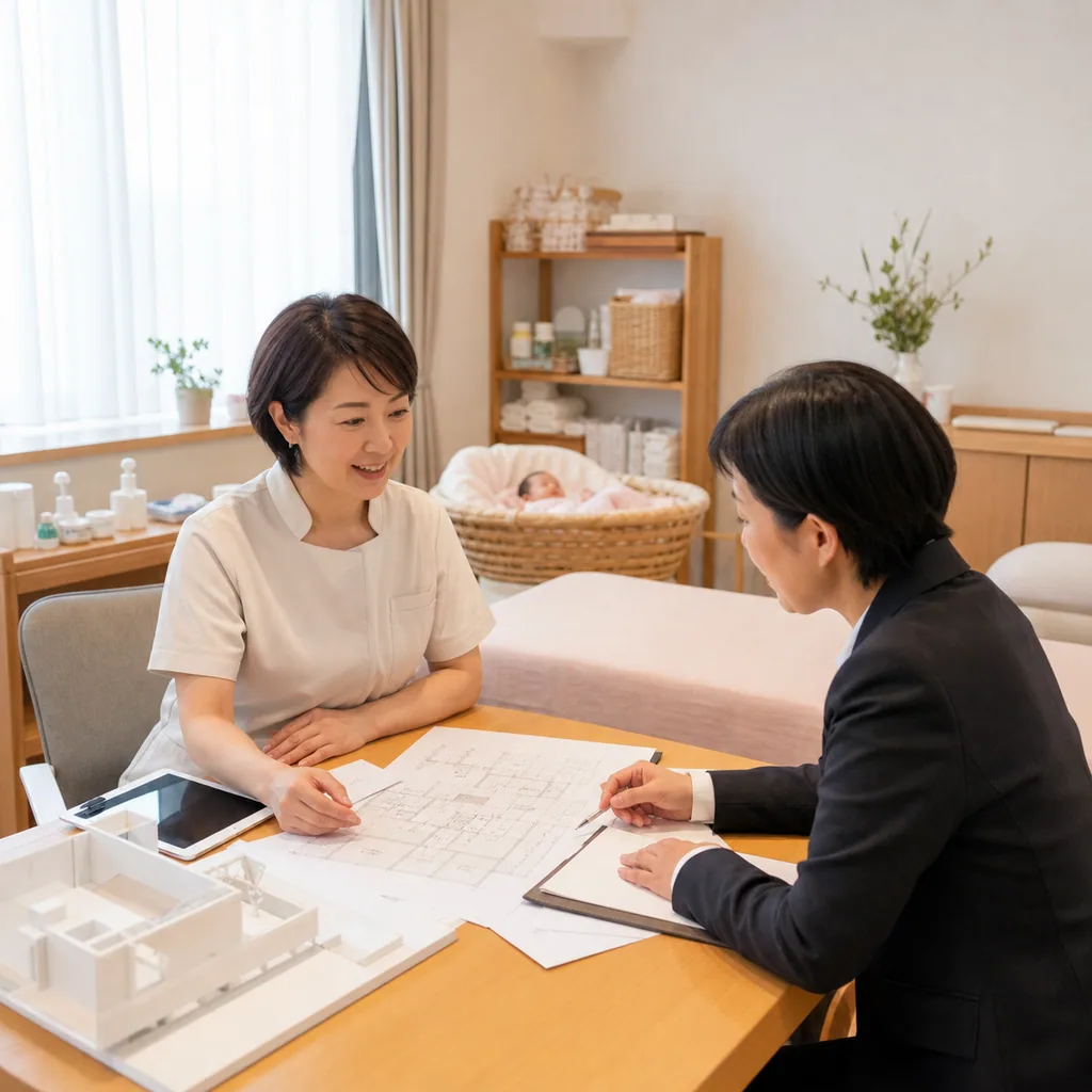 助産所の相談室で助産師と経営相談担当者が施設図面と開業資金を確認する場面