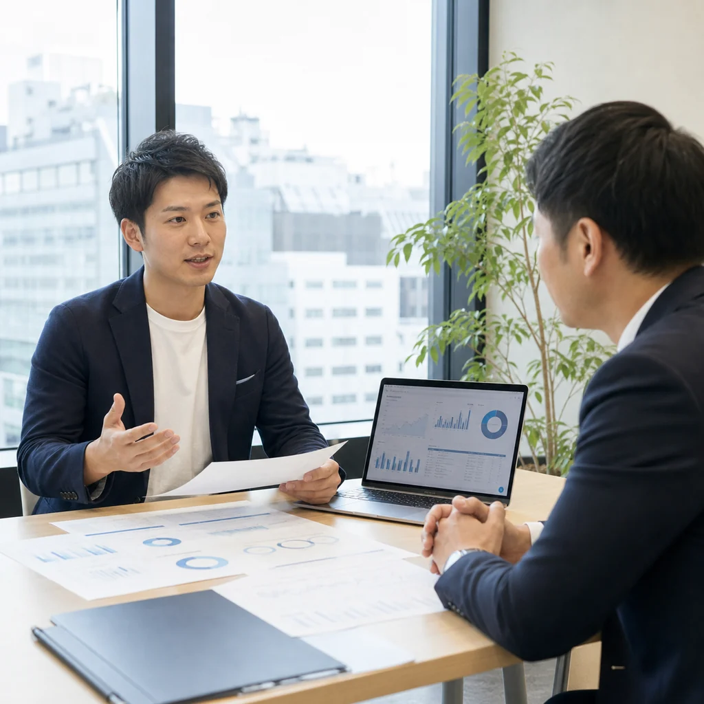 月次実績と資金繰りを金融機関担当者へ説明する創業者