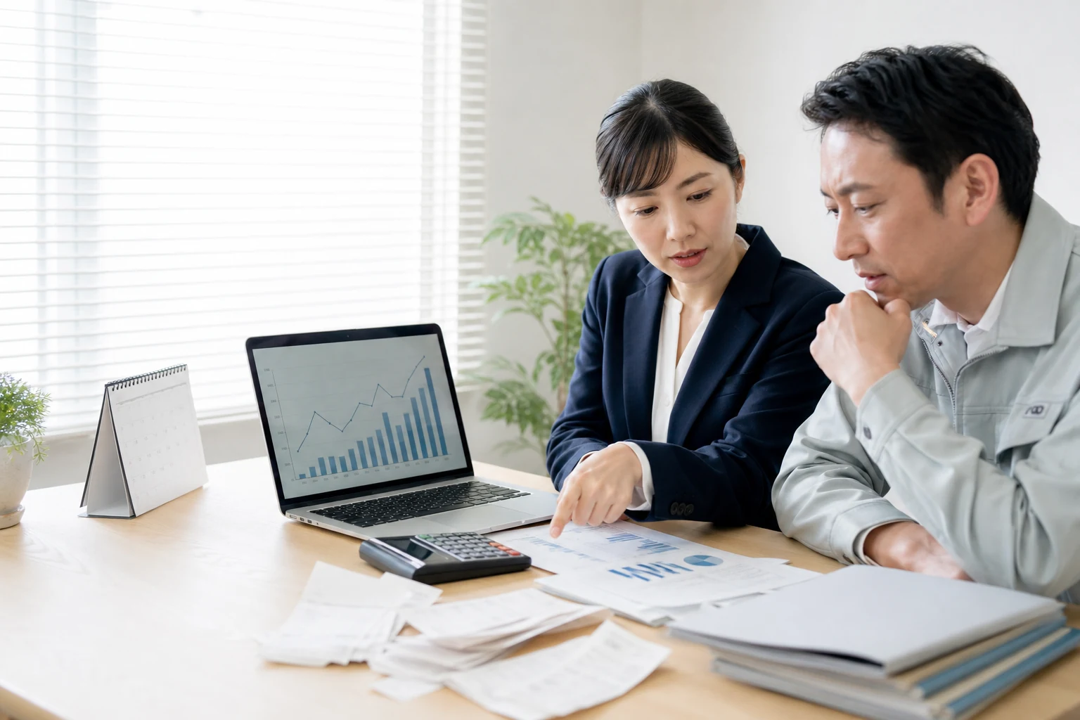 月次試算表と資金繰りを確認する創業者と専門家
