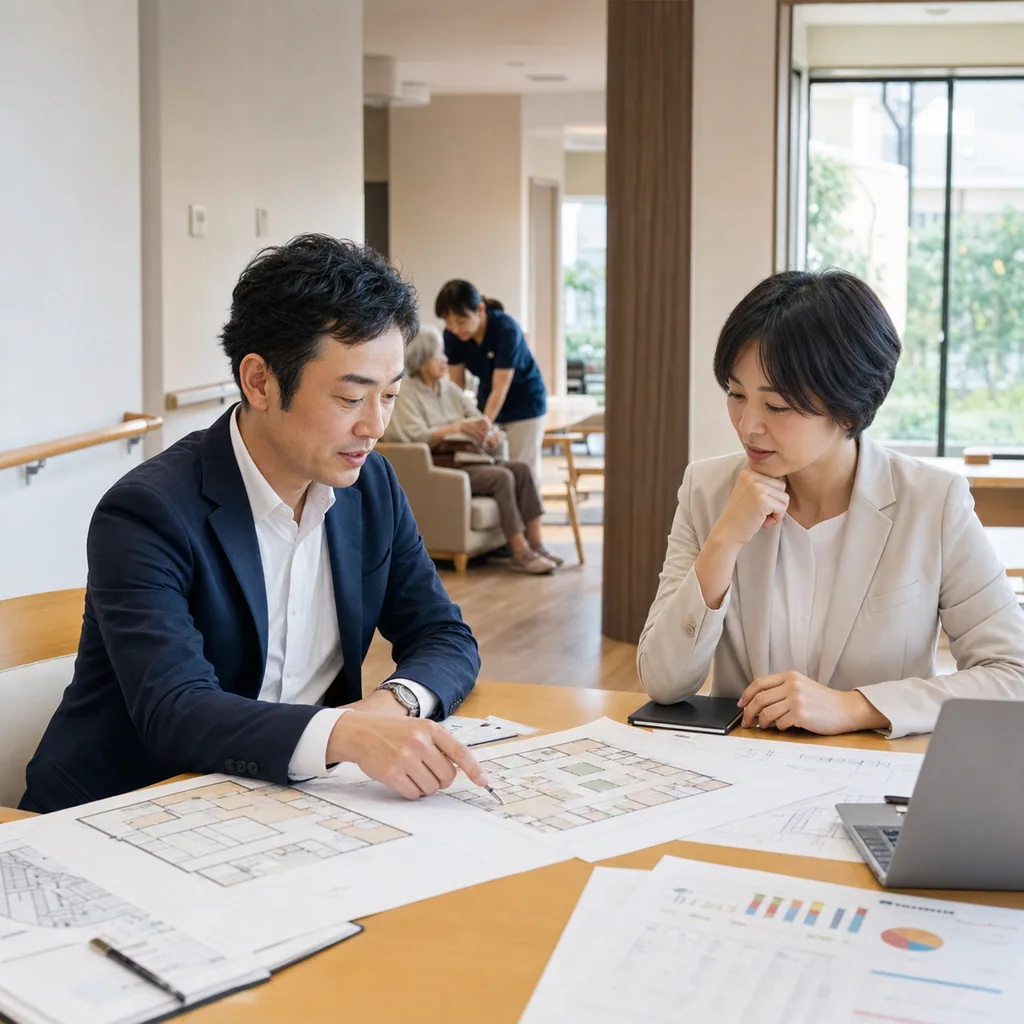 介護付き有料老人ホームの共用部で経営者と施設担当者が図面と資金計画を確認する場面