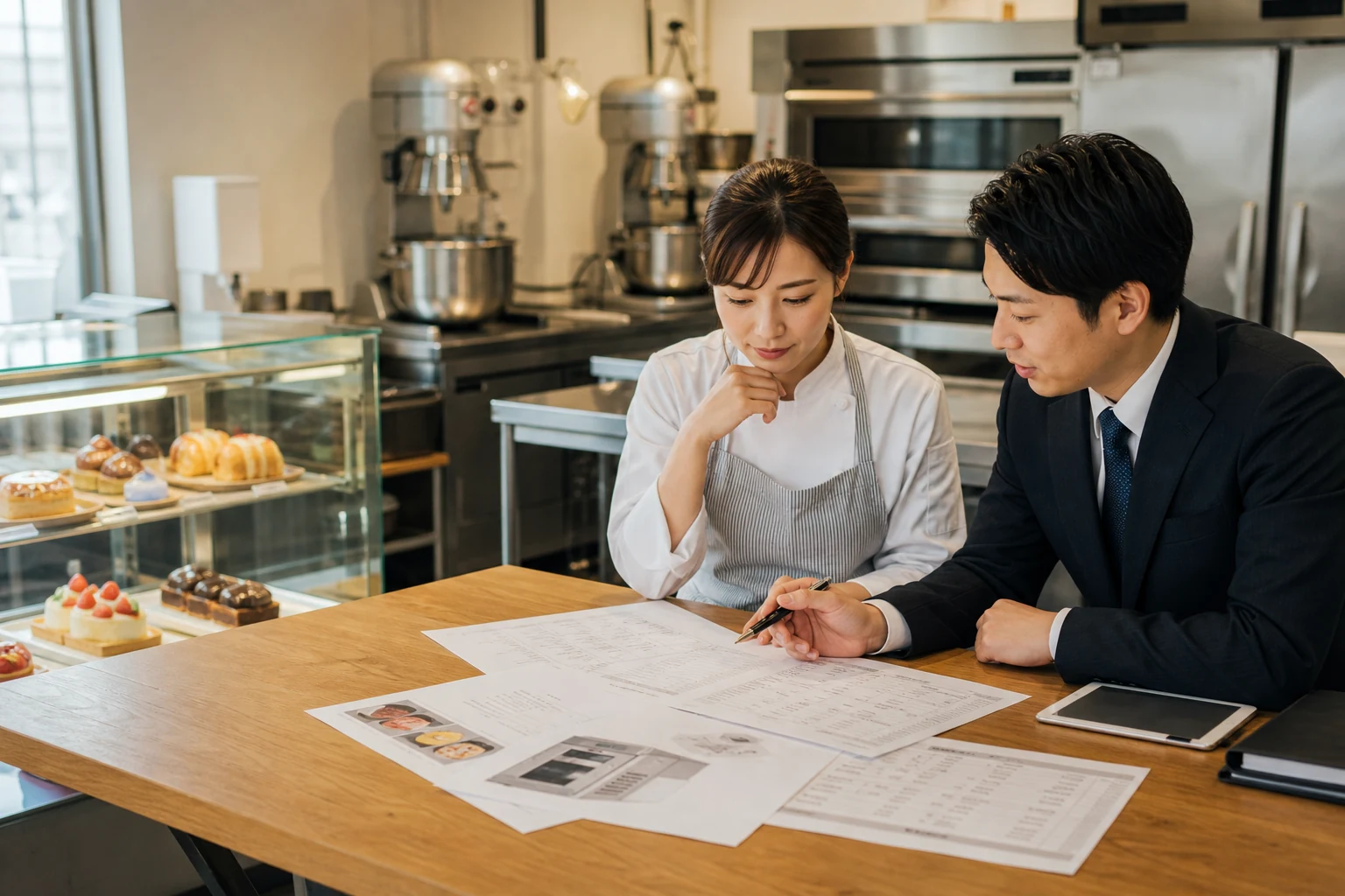 愛知県で洋菓子店を開業するパティシエが製造設備と資金計画を相談する場面