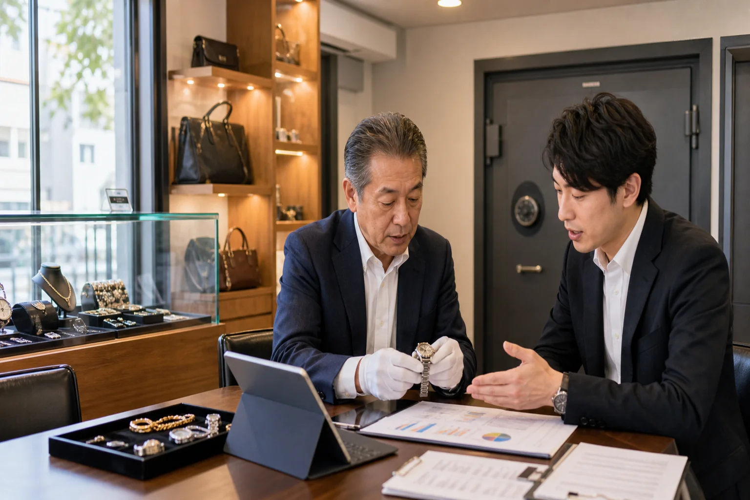 愛知県で質屋を開業する経営者が査定設備と融資原資の資金計画を相談する場面