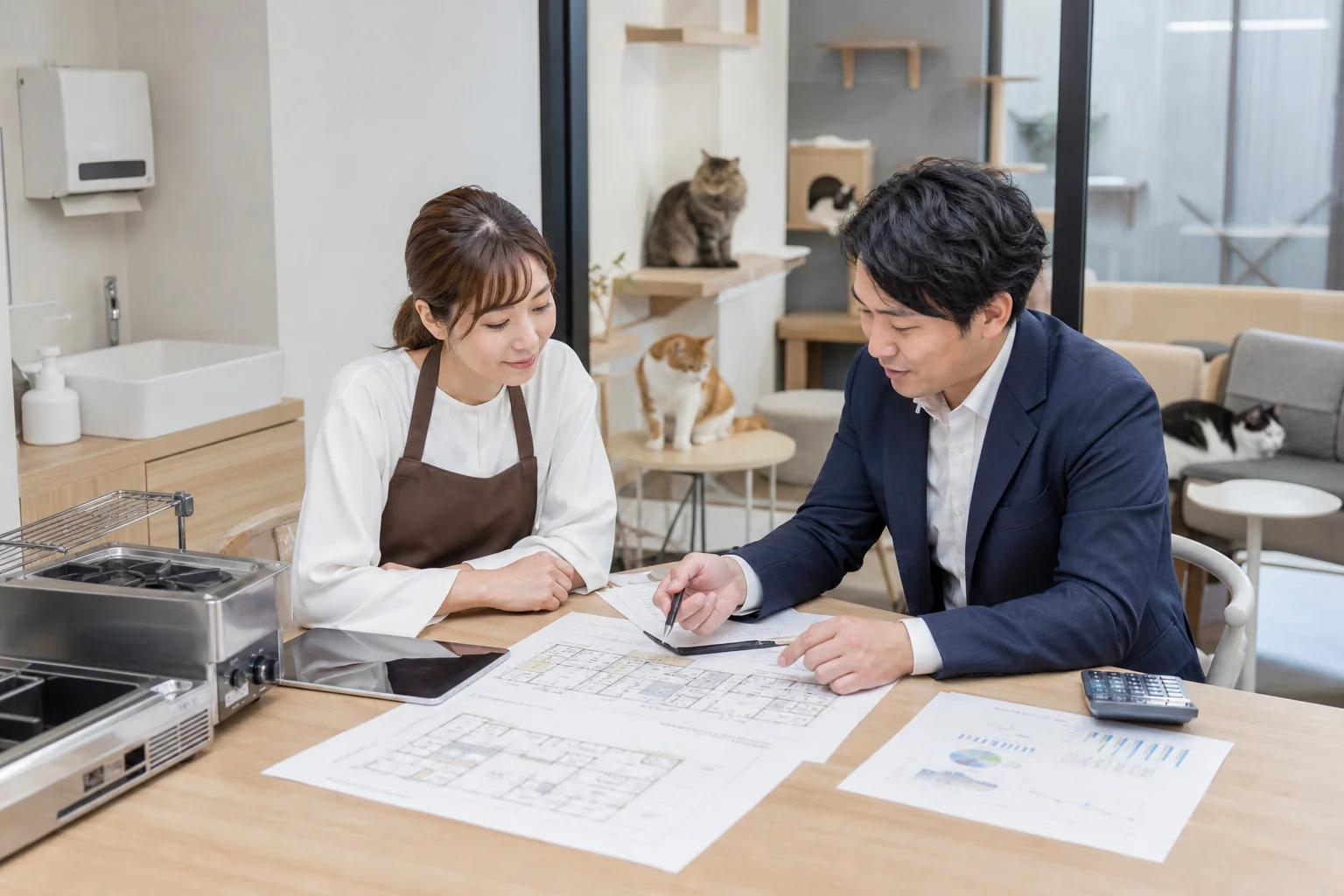 愛知県の猫カフェで開業者と相談担当者が飼養施設図面と資金計画を確認する場面