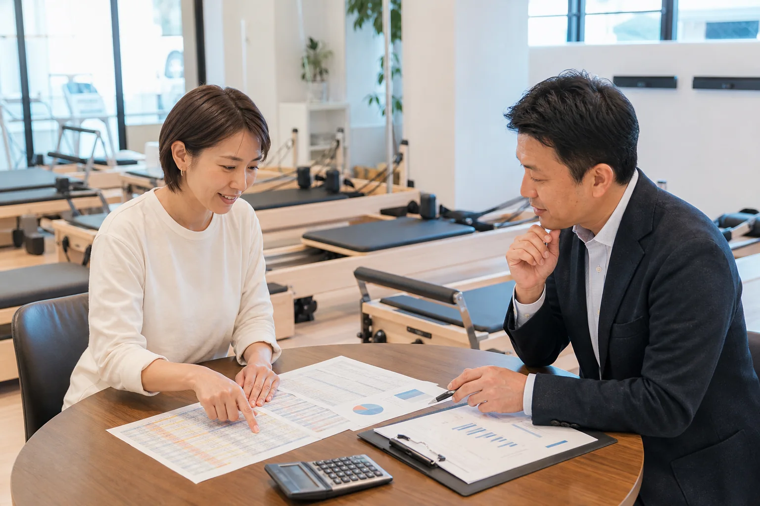 ピラティススタジオの予約枠と会員継続率を確認する場面