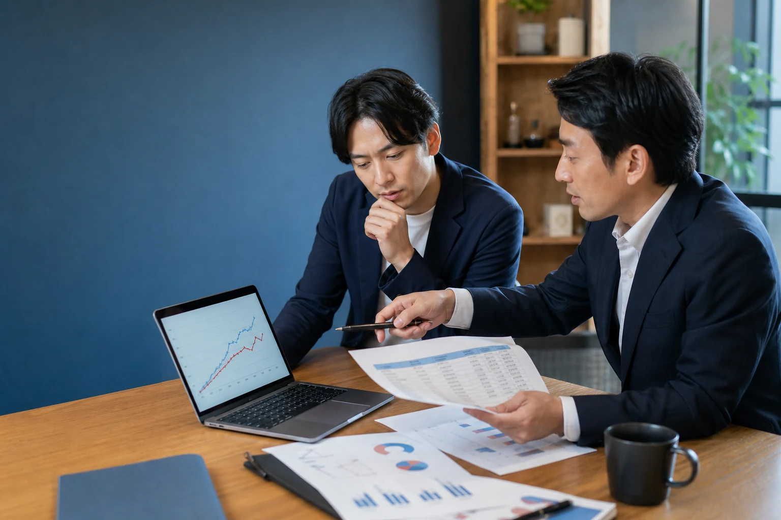 創業計画と実績の差をグラフで確認する経営者と支援者