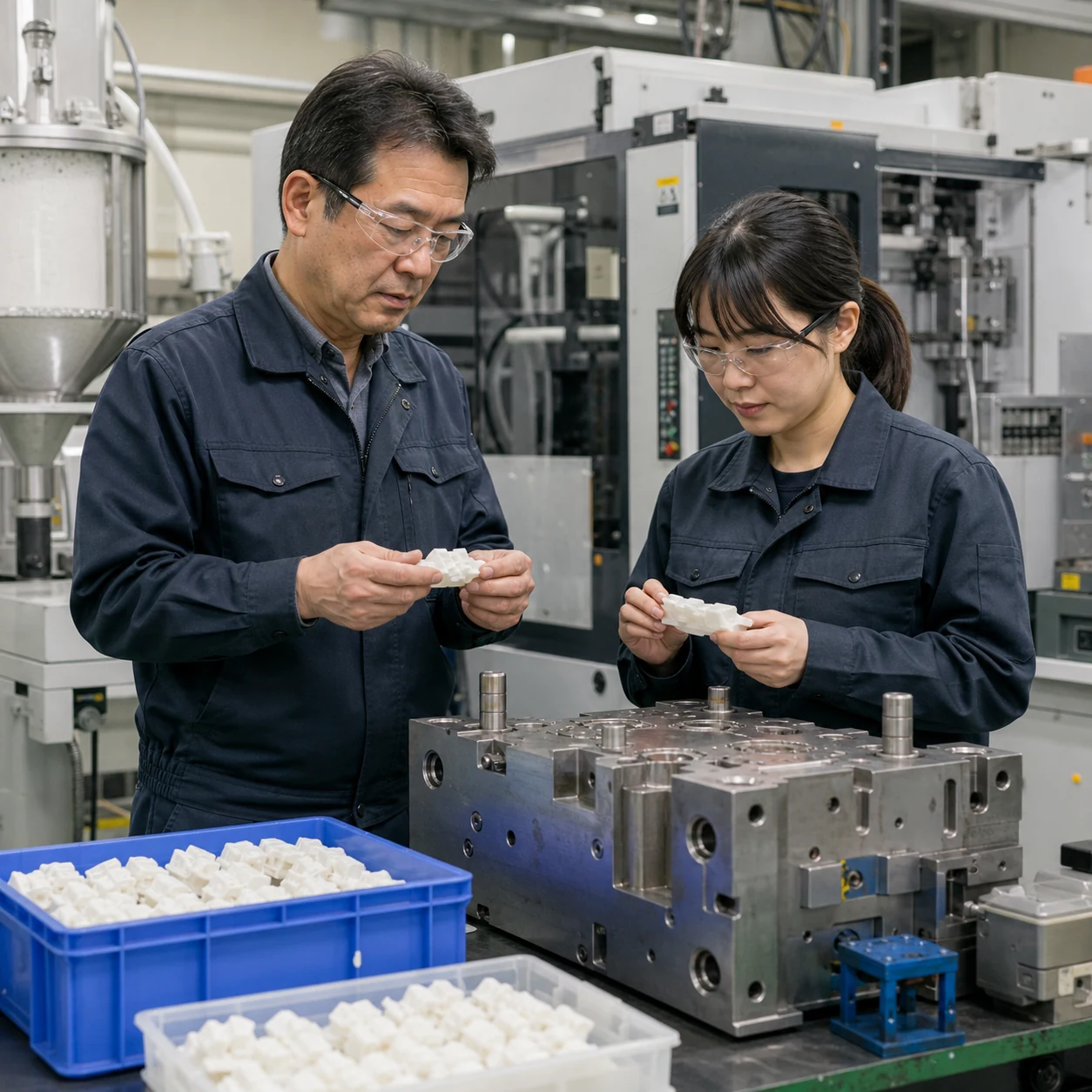 プラスチック成形工場で成形機・金型・良品率を確認する場面