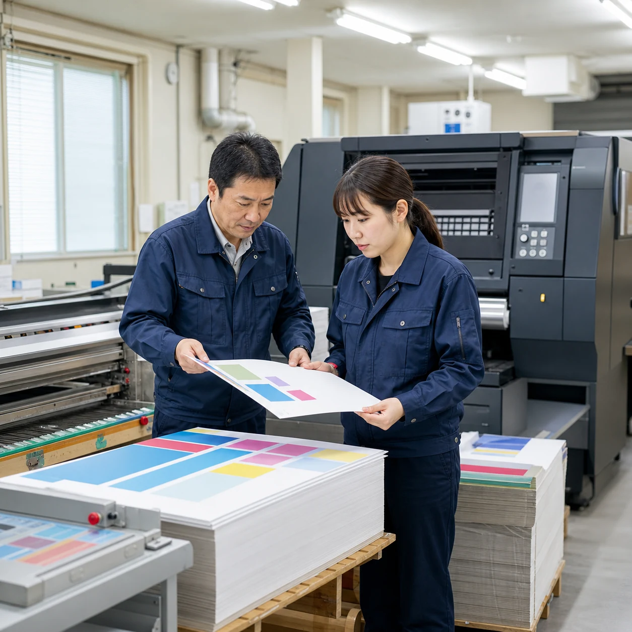 印刷工場で印刷機と後加工の工程能力を確認する場面