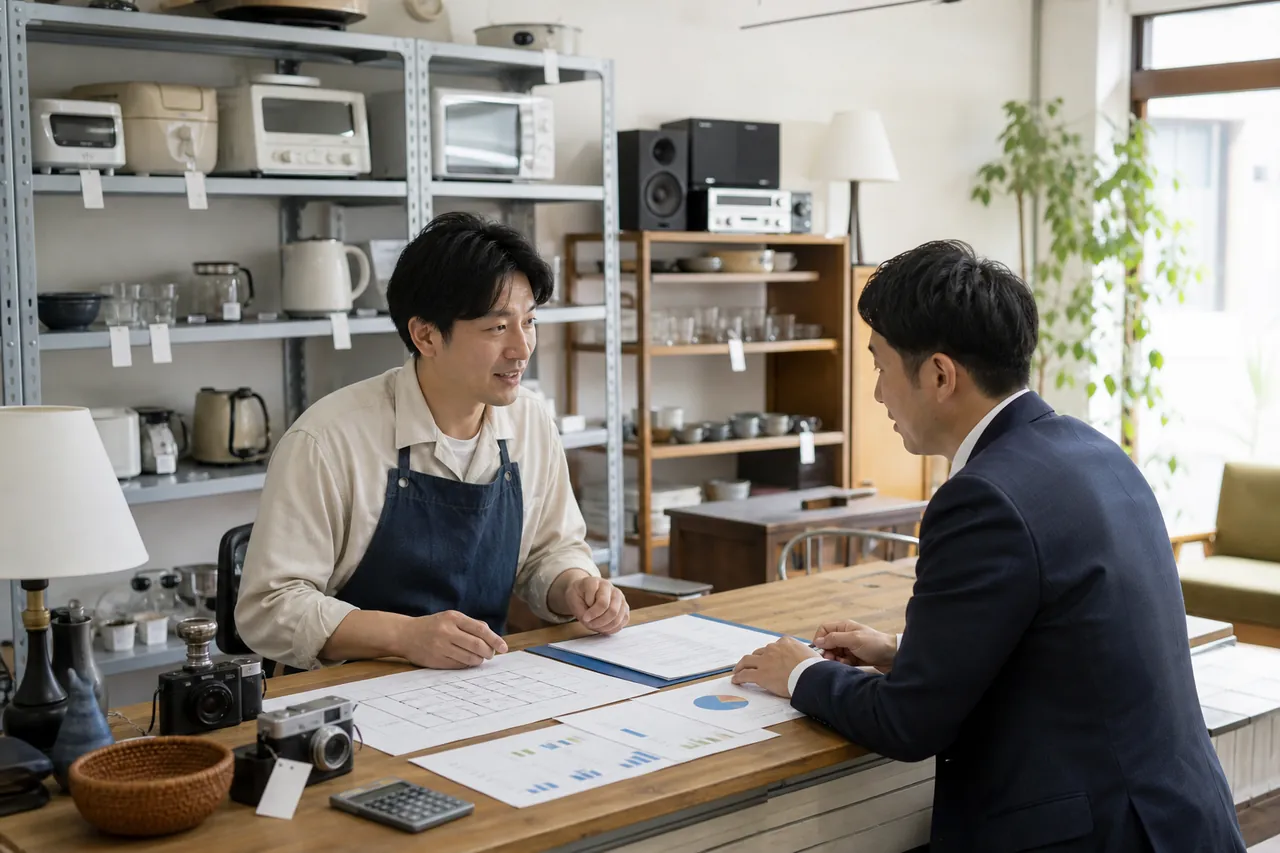 愛知県のリサイクルショップで経営者と相談担当者が古物商許可・商品在庫・粗利計画を確認する場面