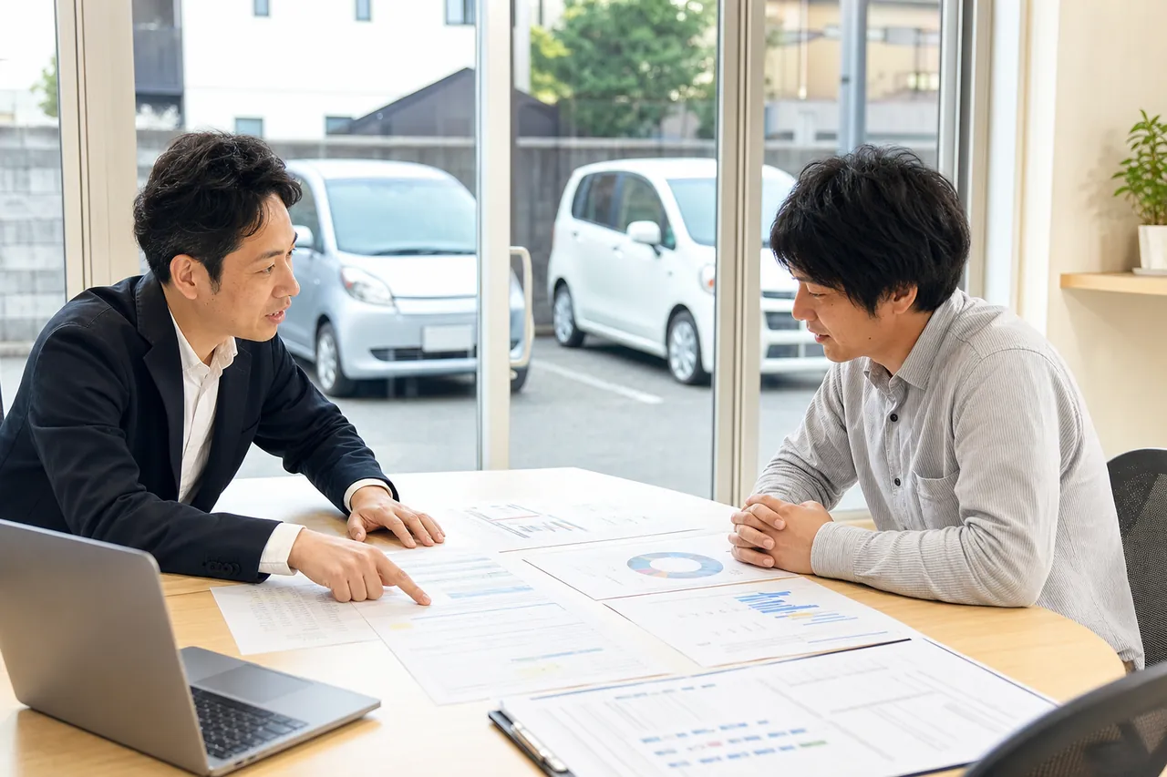 愛知県のレンタカー事務所で経営者と相談担当者が車両調達・保険・稼働計画を確認する場面