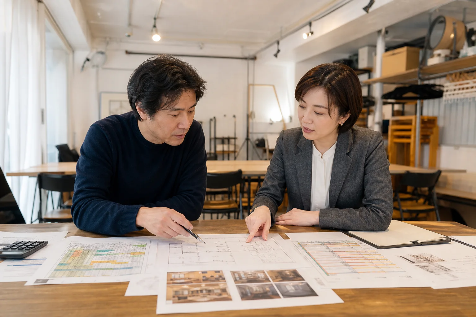 愛知県のレンタルスペースで開業者と相談担当者が図面と予約計画を確認する場面