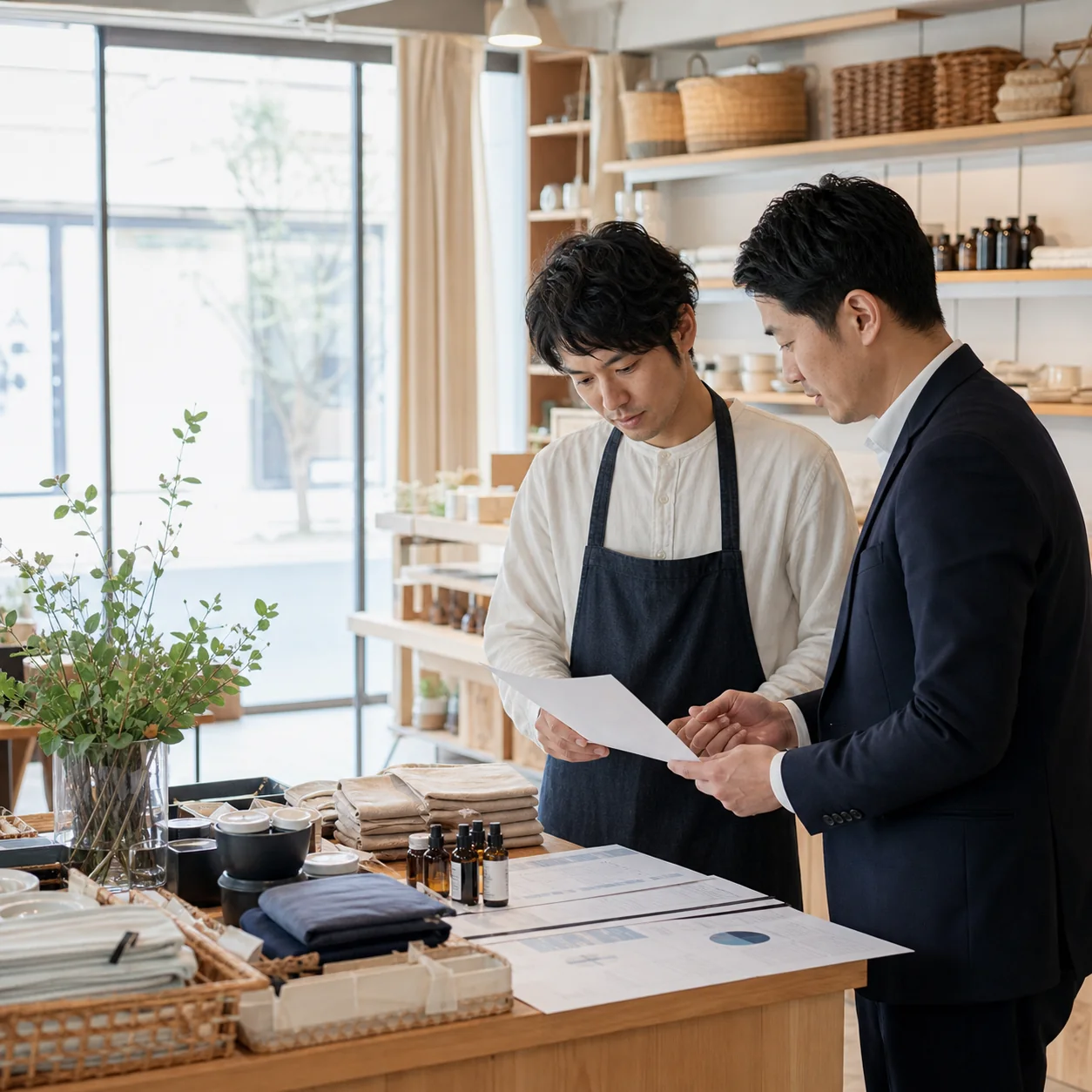 小売店の在庫表と月別資金繰りを確認する場面
