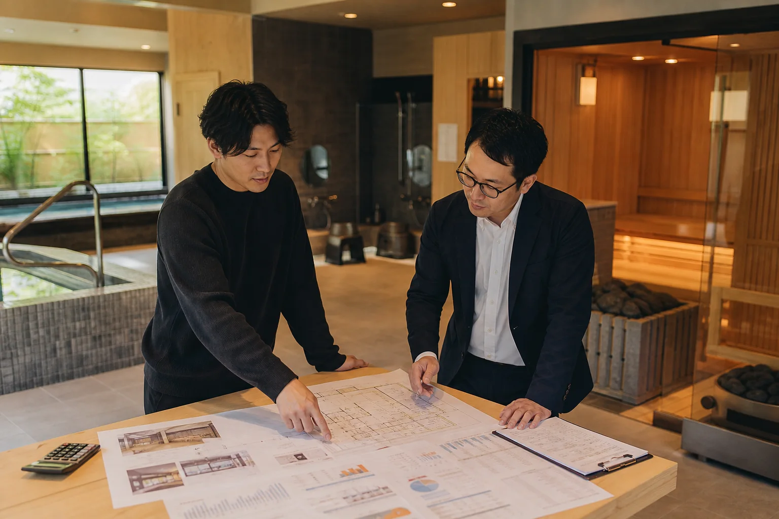 愛知県でサウナ施設を開業する経営者が設備と光熱費を相談する場面